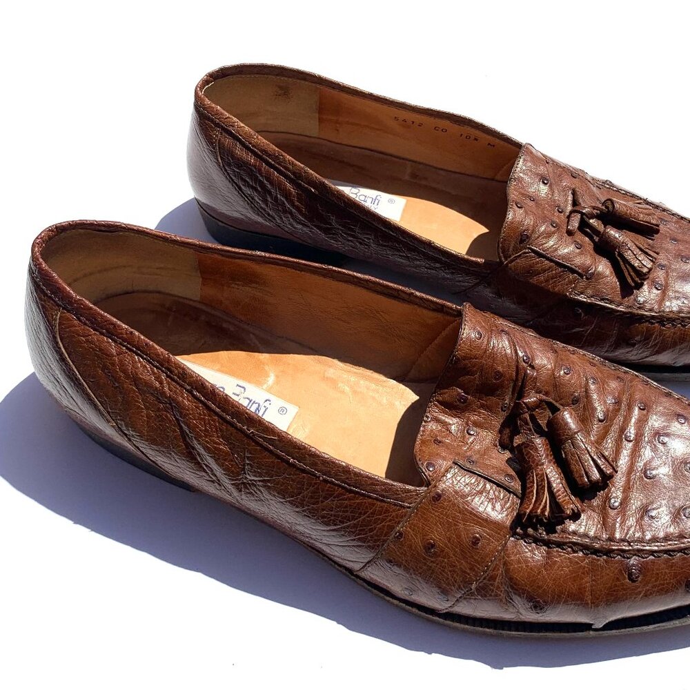 VTG Lorenzo Banfi Men’s Brown Ostrich Leather Tassel Slip On Loafers Italy 10.5